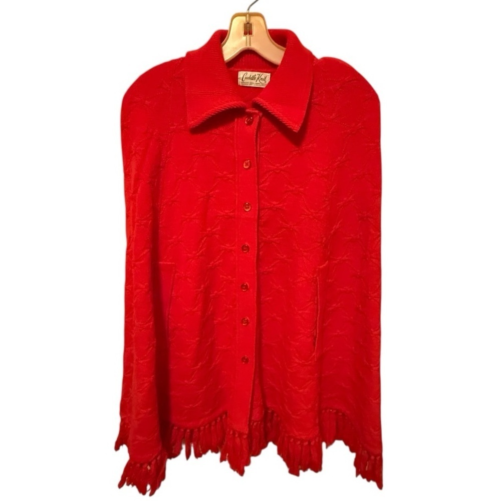 Vintage Cuddle Knit Red Cape with Fringe